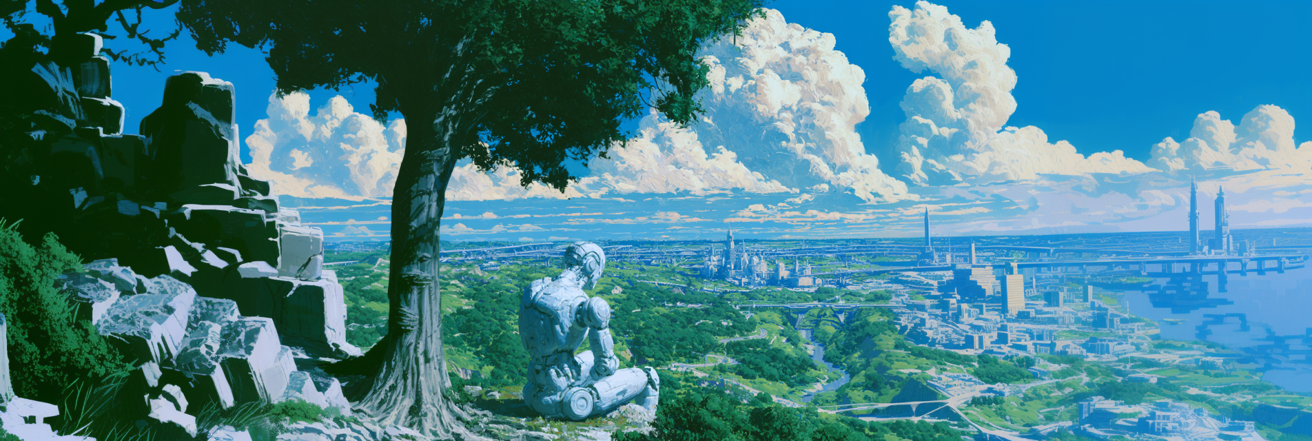 A robot overlooking a green futuristic city from beneath a tree