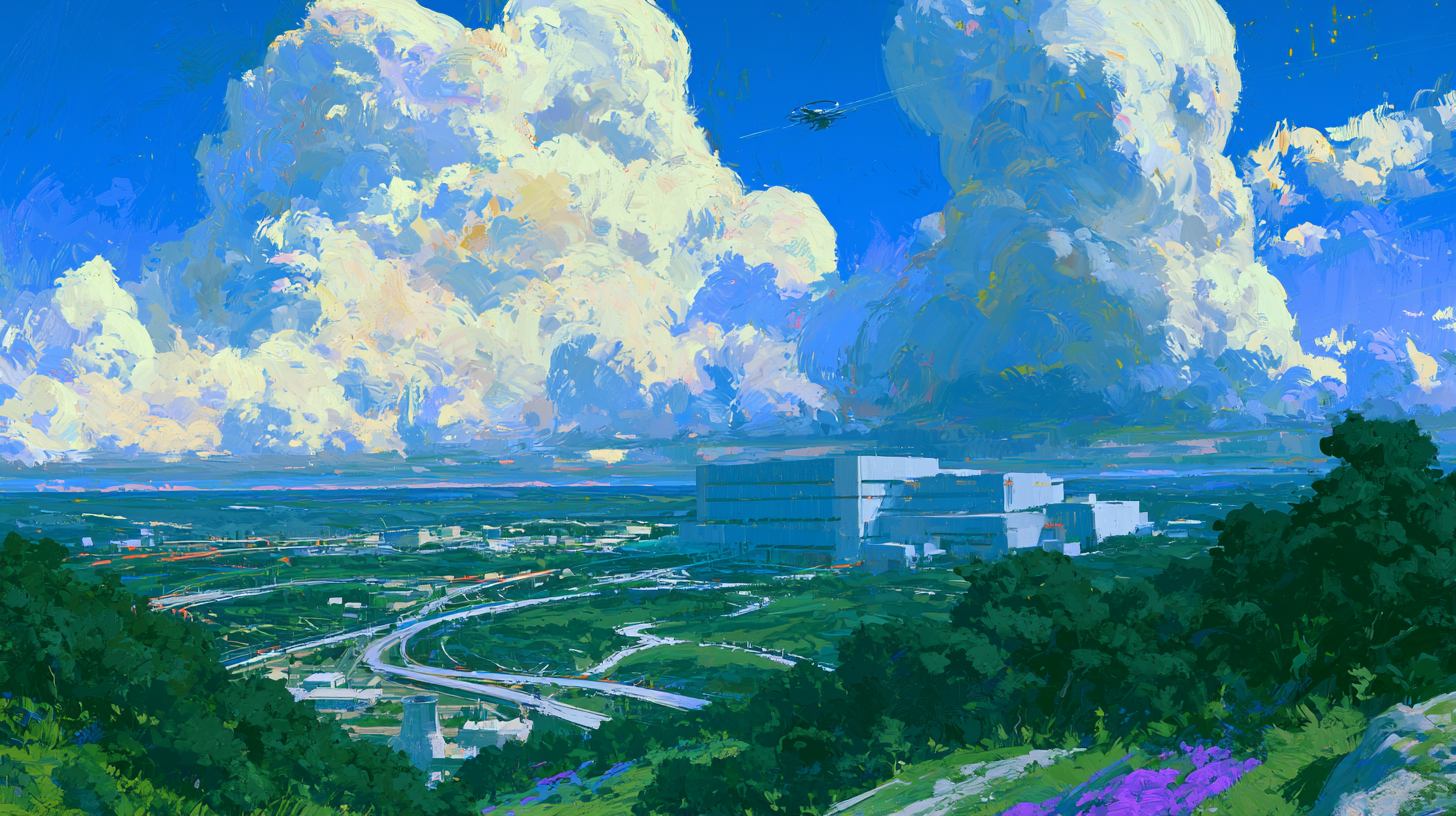 Illustrated robotics facility beneath large clouds