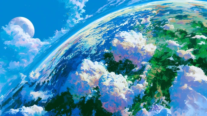 Illustrated orbital view of Earth with clouds and continents